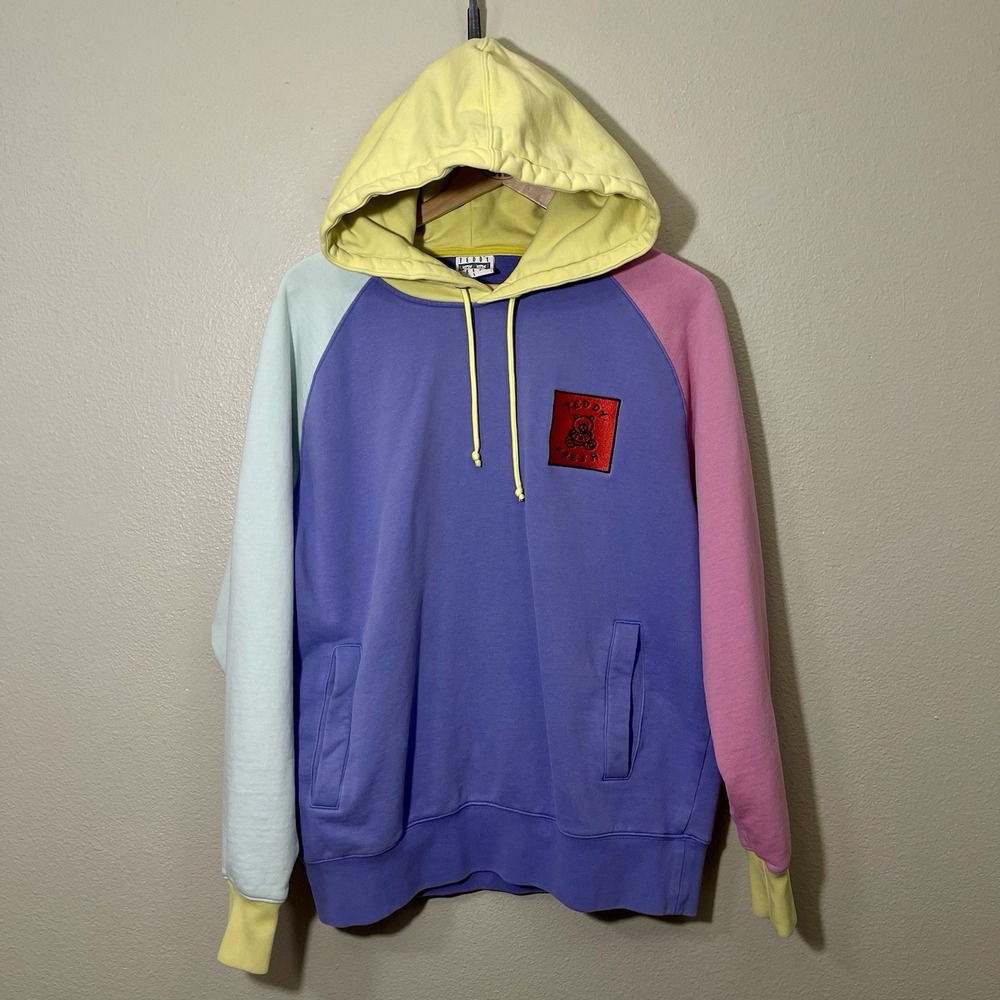 Teddy Fresh Logo Pastel Color Block Hoodie Pockets 100% Cotton‎ Preppy Size L